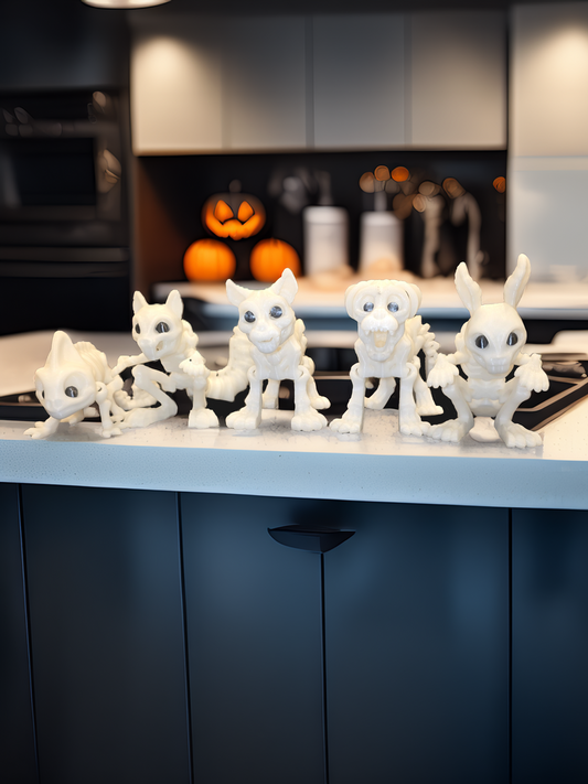 Skeleton Pets 3D Printed Spooky Cute Squirrel, Chameleon, Rabbit, Cat & Dog – Glow in the Dark Halloween Decor