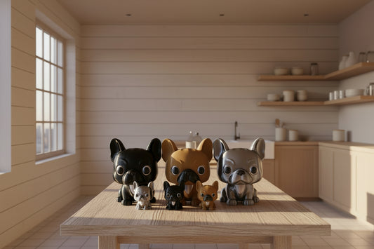 Set of four dog figurines in black, brown, and silver on a white background