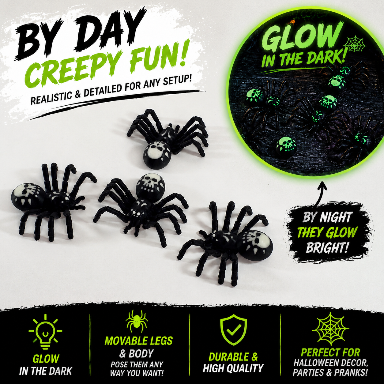 Glow in the Dark Skull Tarantula | 3D Printed Articulated Spider | Halloween Decor | Desk Buddy | Fidget Toy | Gothic Gift