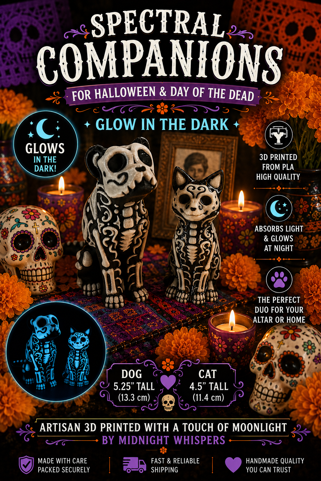 Glow‑in‑the‑Dark Day of the Dead Skeleton Dog & Cat Decor for Halloween