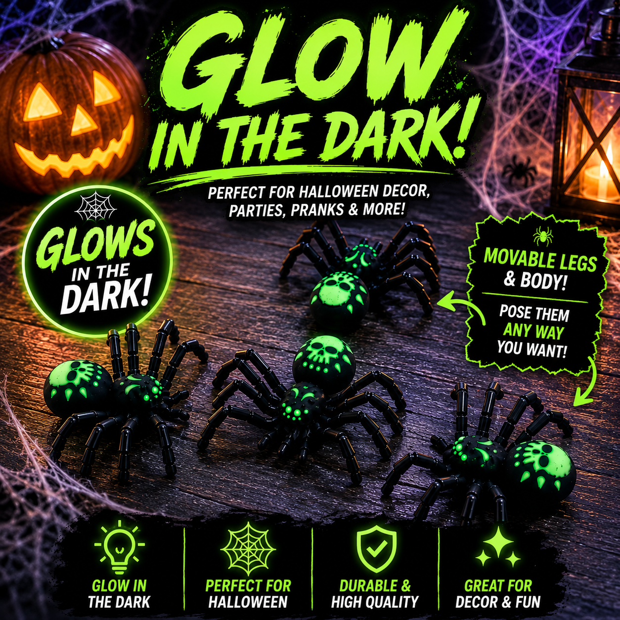 Glow in the Dark Skull Tarantula | 3D Printed Articulated Spider | Halloween Decor | Desk Buddy | Fidget Toy | Gothic Gift