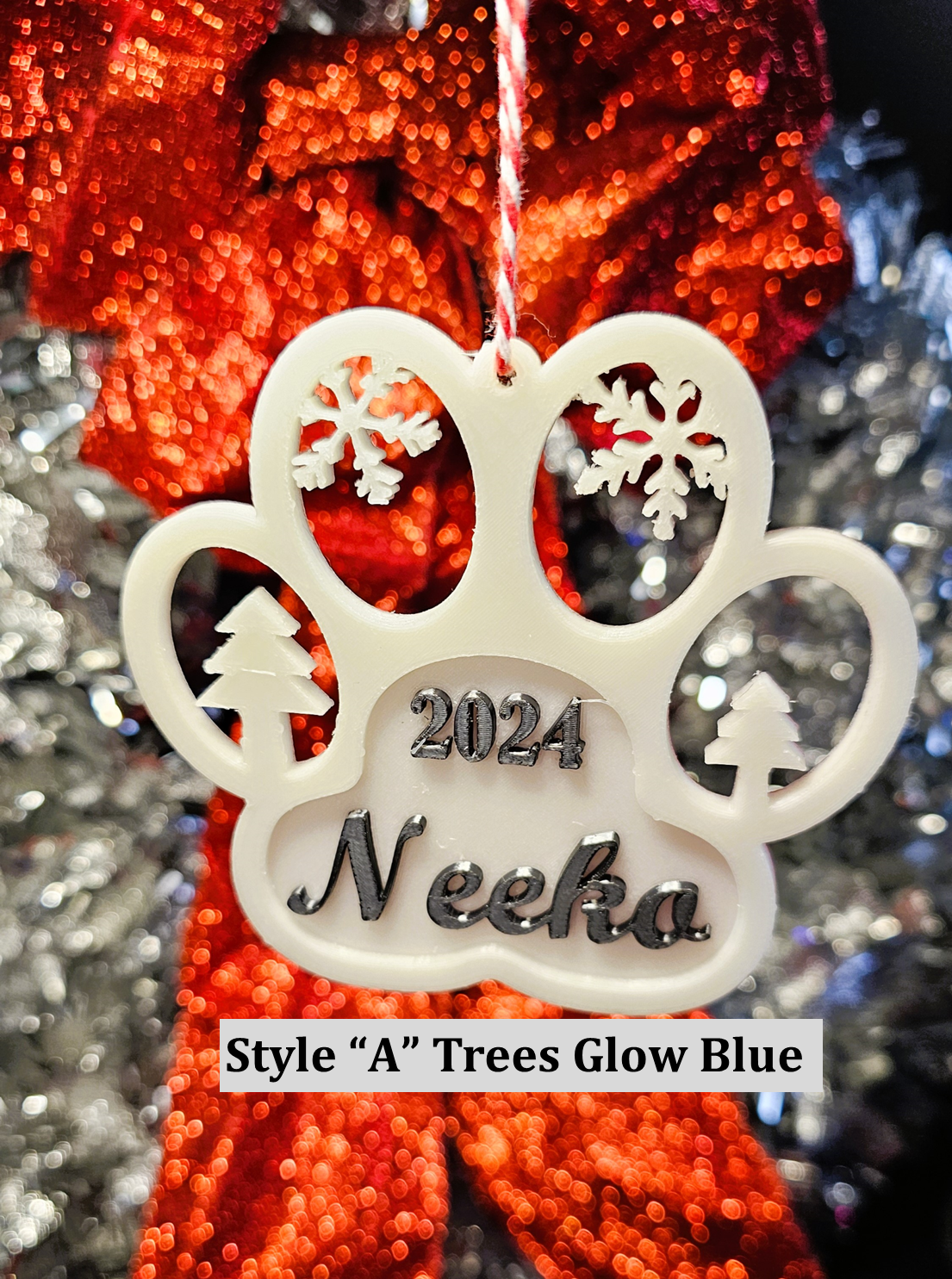 Personalized Glow-in-the-dark Christmas Dog Paw Print Ornament