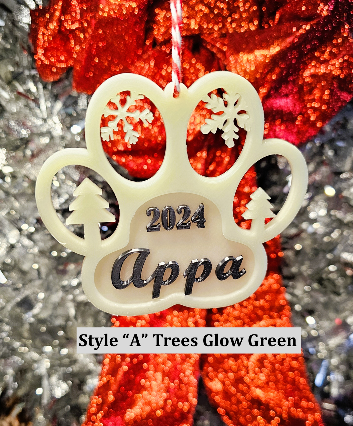 Personalized Glow-in-the-dark Christmas Dog Paw Print Ornament