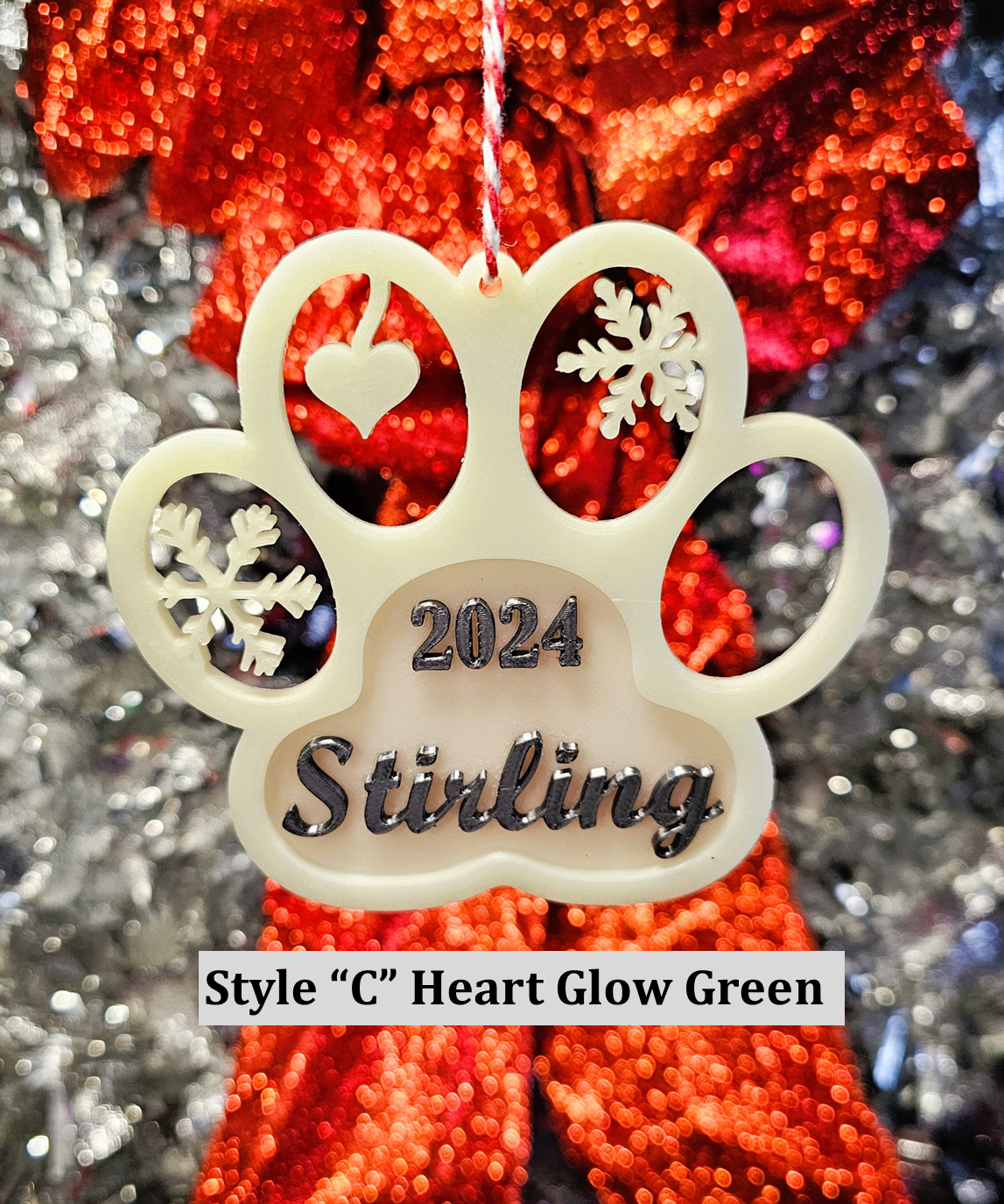 Personalized Glow-in-the-dark Christmas Dog Paw Print Ornament