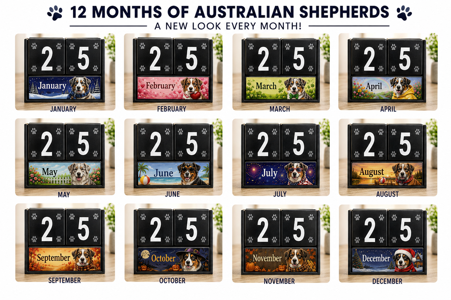 Australian Shepherd perpetual calendar showing all 12 monthly dog designs