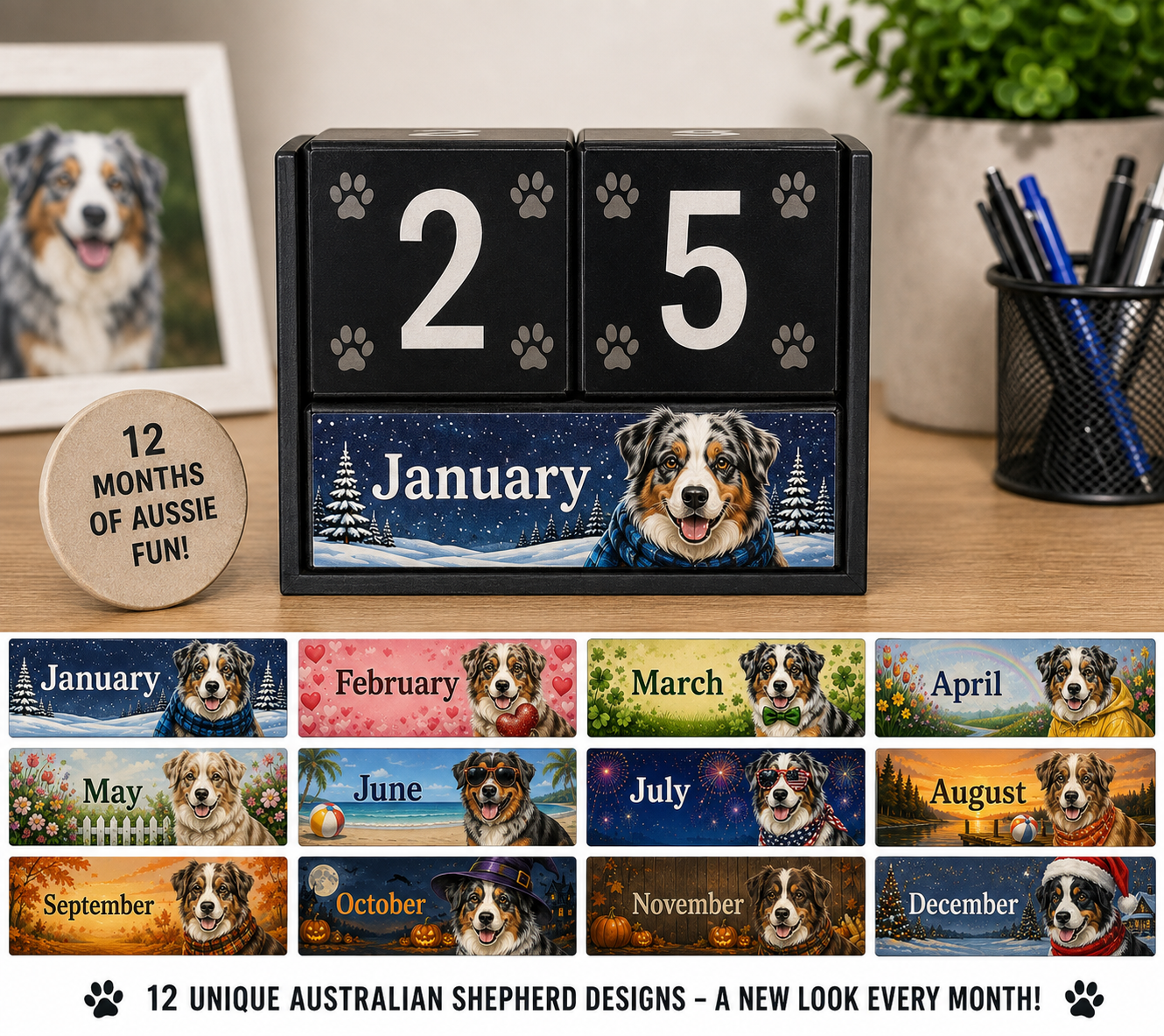 Australian Shepherd perpetual block calendar displayed on a desk with 12 seasonal month designs