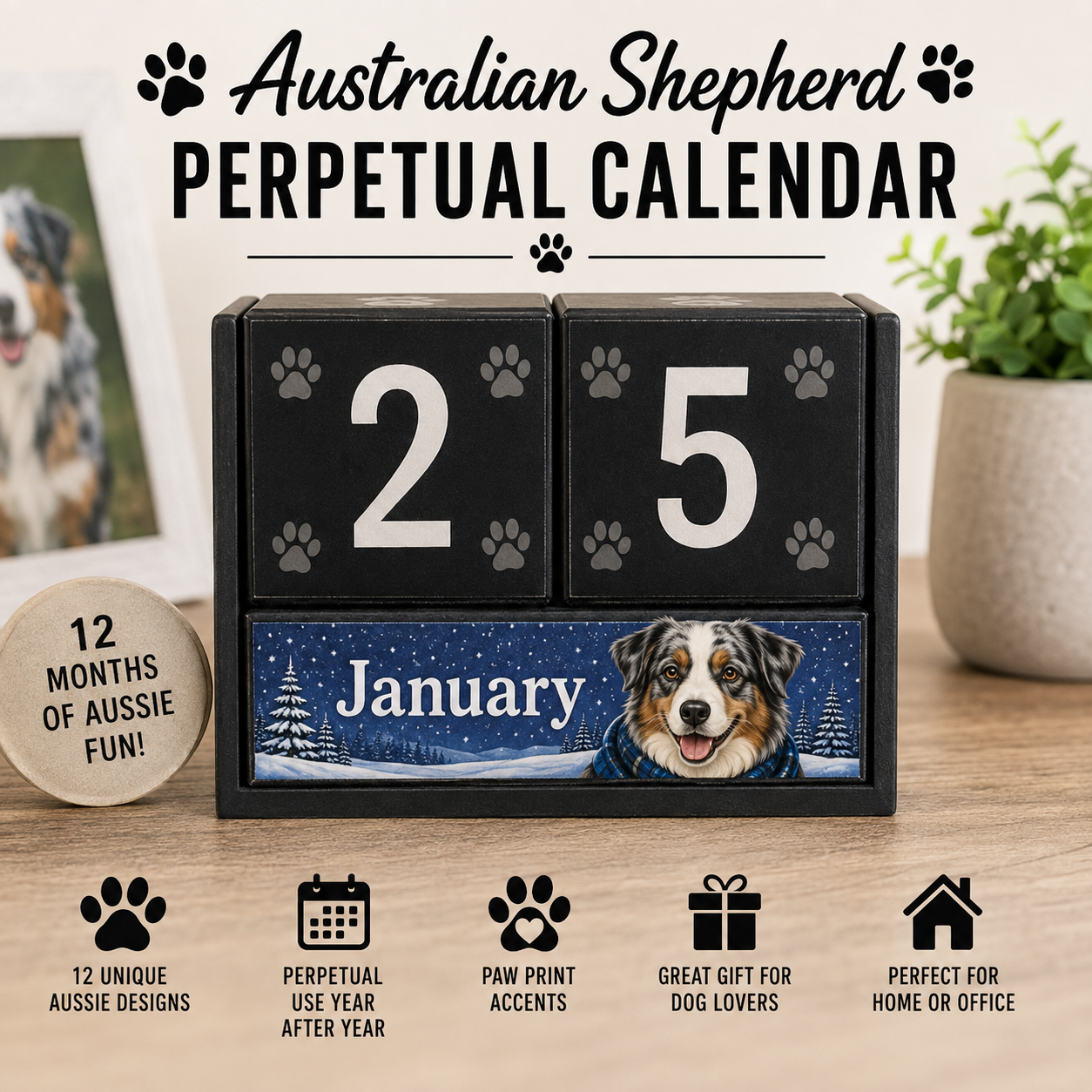 Australian Shepherd perpetual calendar with black number blocks and seasonal January dog design