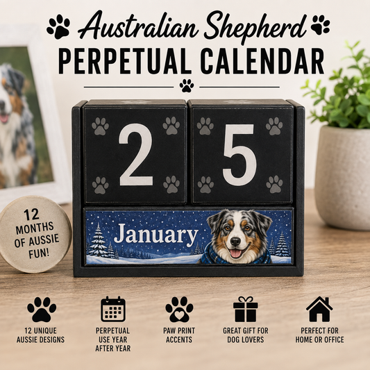 Australian Shepherd perpetual calendar with black number blocks and seasonal January dog design