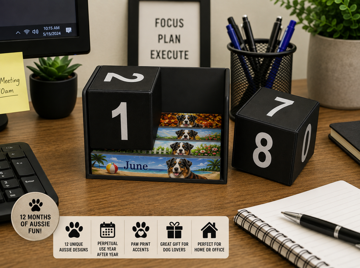 Australian Shepherd perpetual desk calendar shown in a home office setting