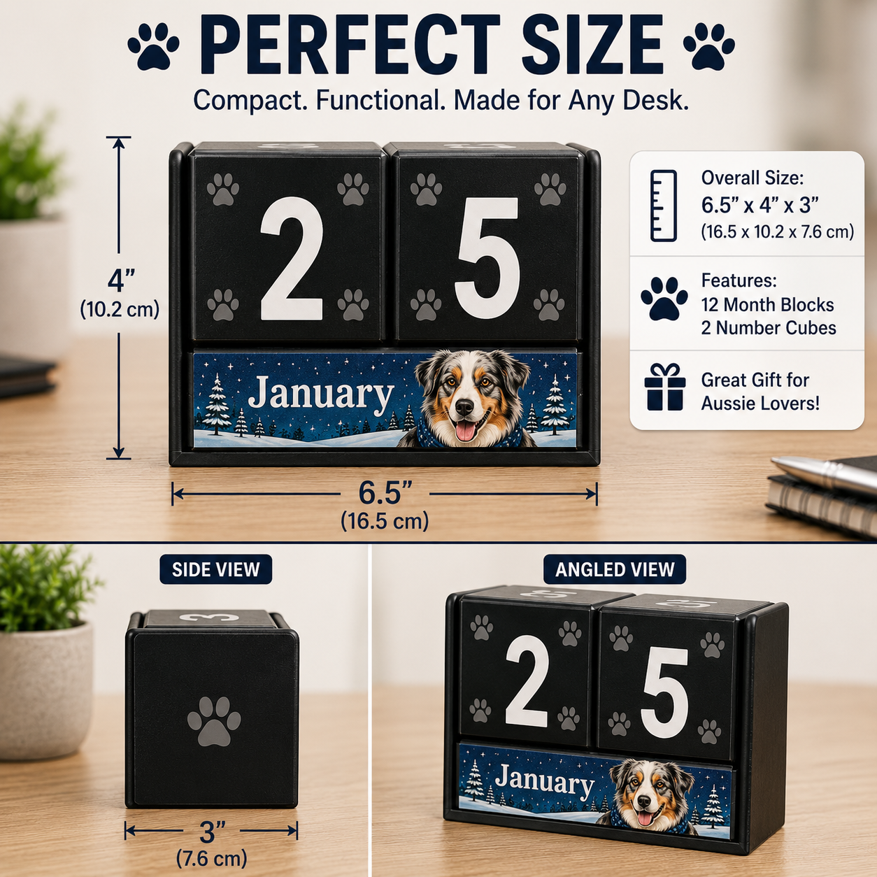 Australian Shepherd perpetual calendar size guide, 6.5 inches wide by 4 inches tall by 3 inches deep