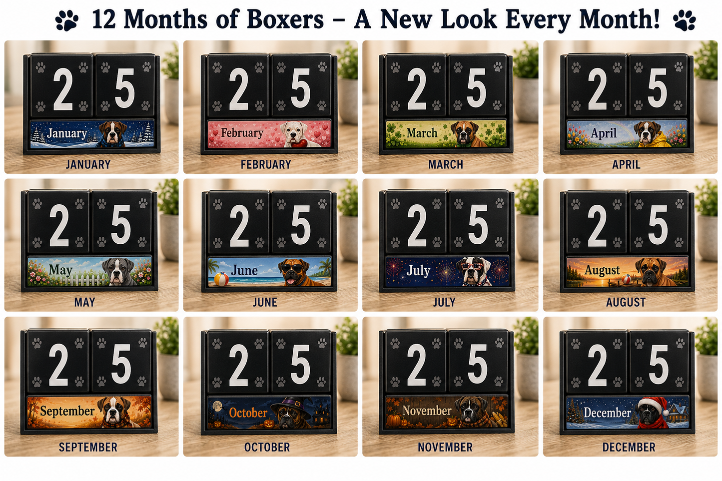 Boxer Dog perpetual calendar showing all 12 seasonal Boxer month designs