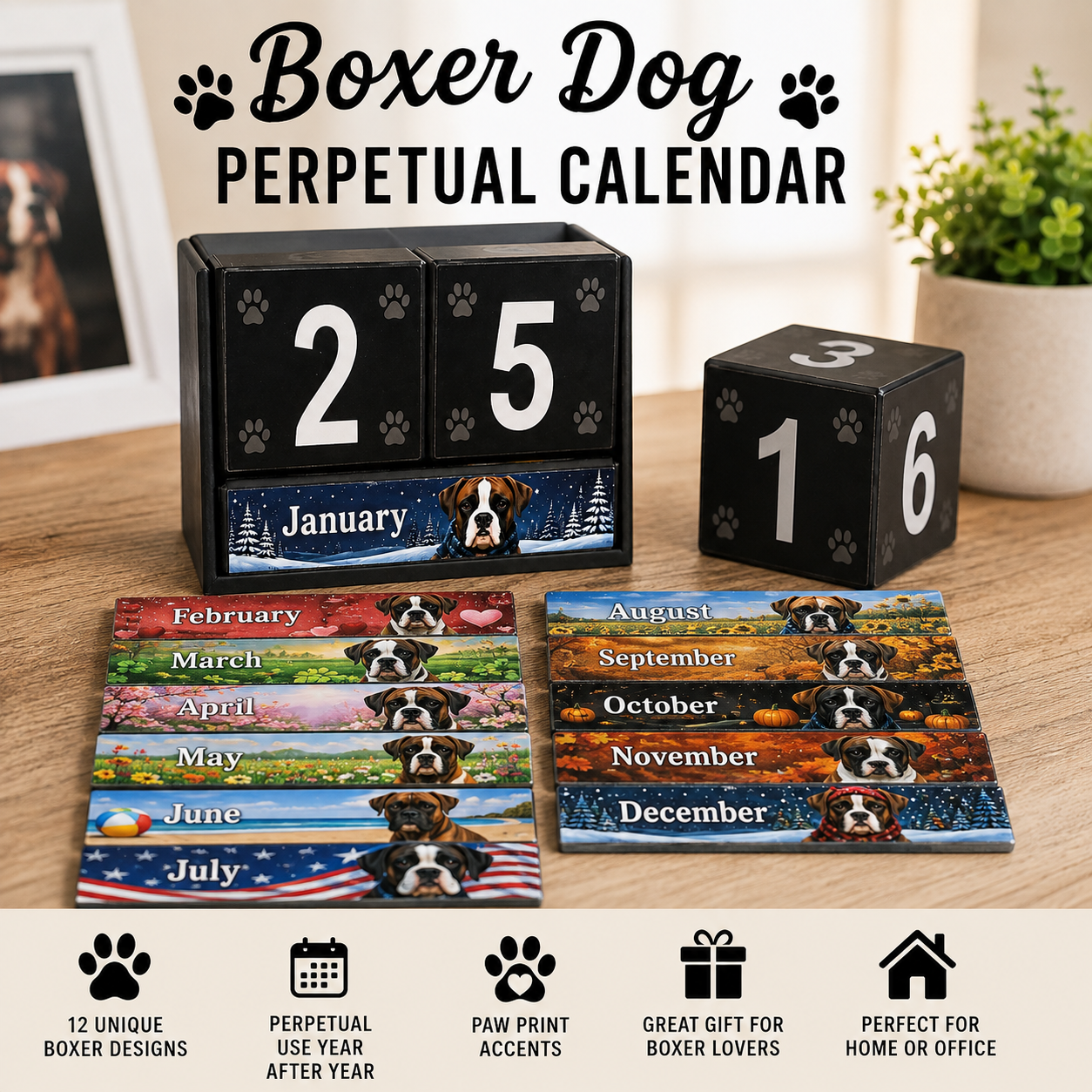 Boxer Dog perpetual calendar displayed with seasonal month panels