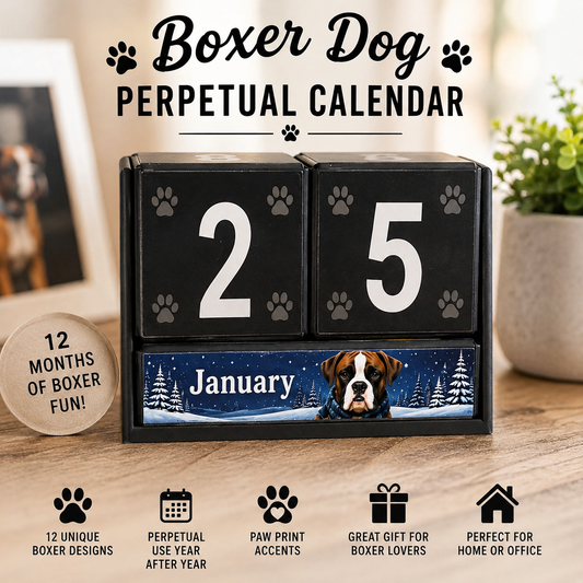 Boxer Dog perpetual calendar with black number blocks and January Boxer design