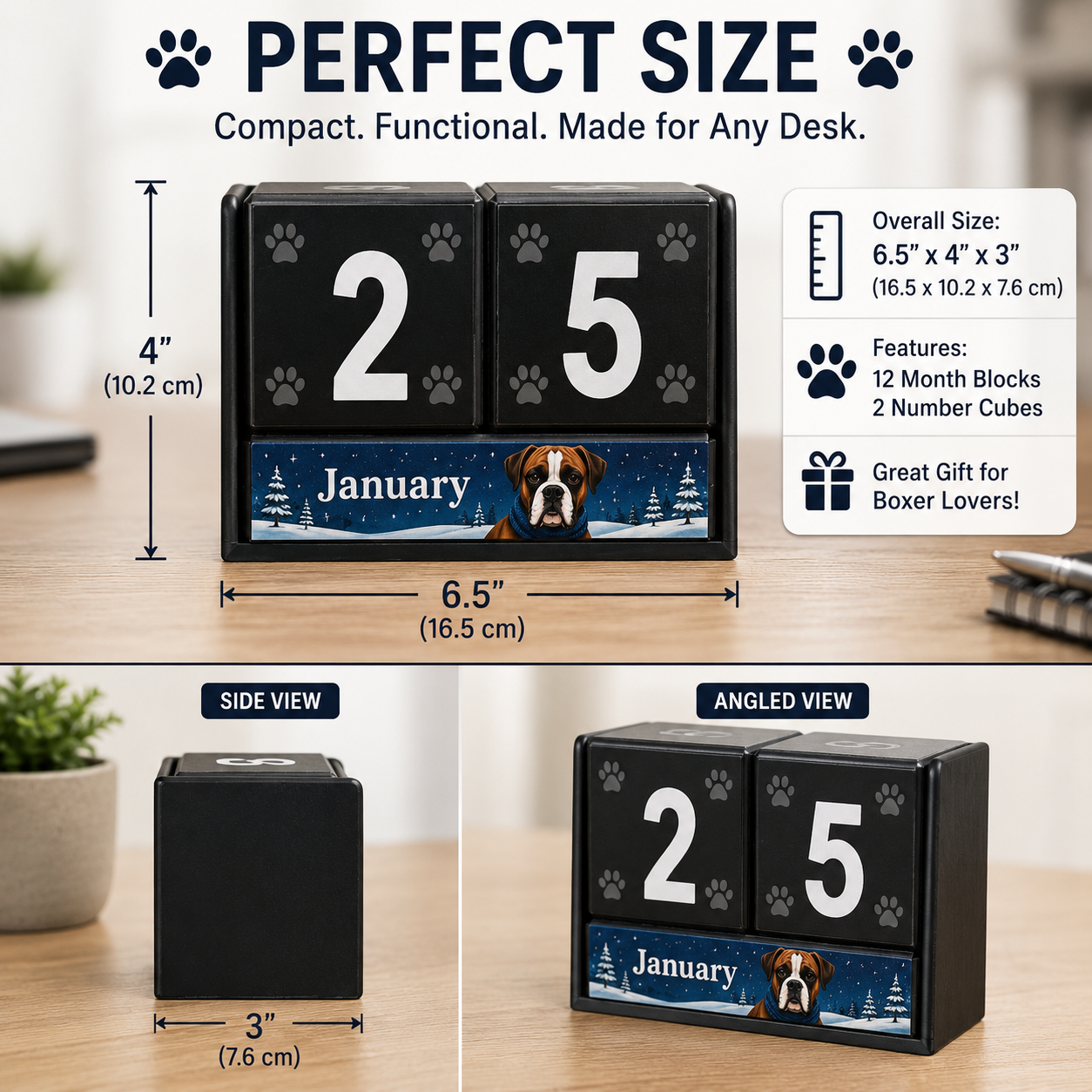 Boxer Dog perpetual calendar size guide showing 6.5 inches wide by 4 inches tall by 3 inches deep