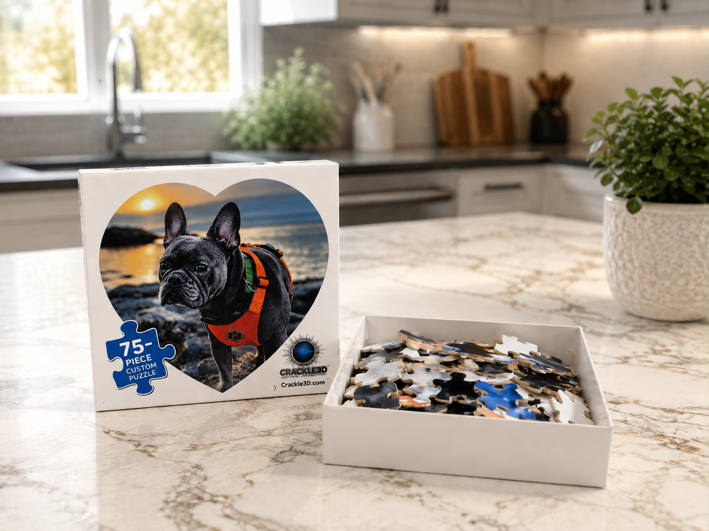 Custom 75-piece heart photo puzzle in presentation box with loose puzzle pieces