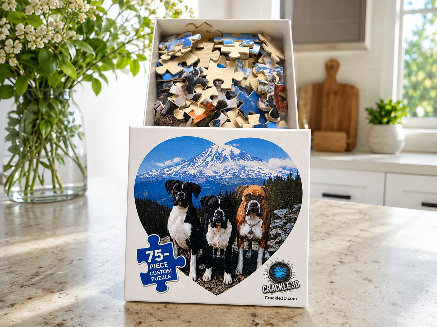 Personalized heart photo puzzle box displayed on a bright kitchen counter