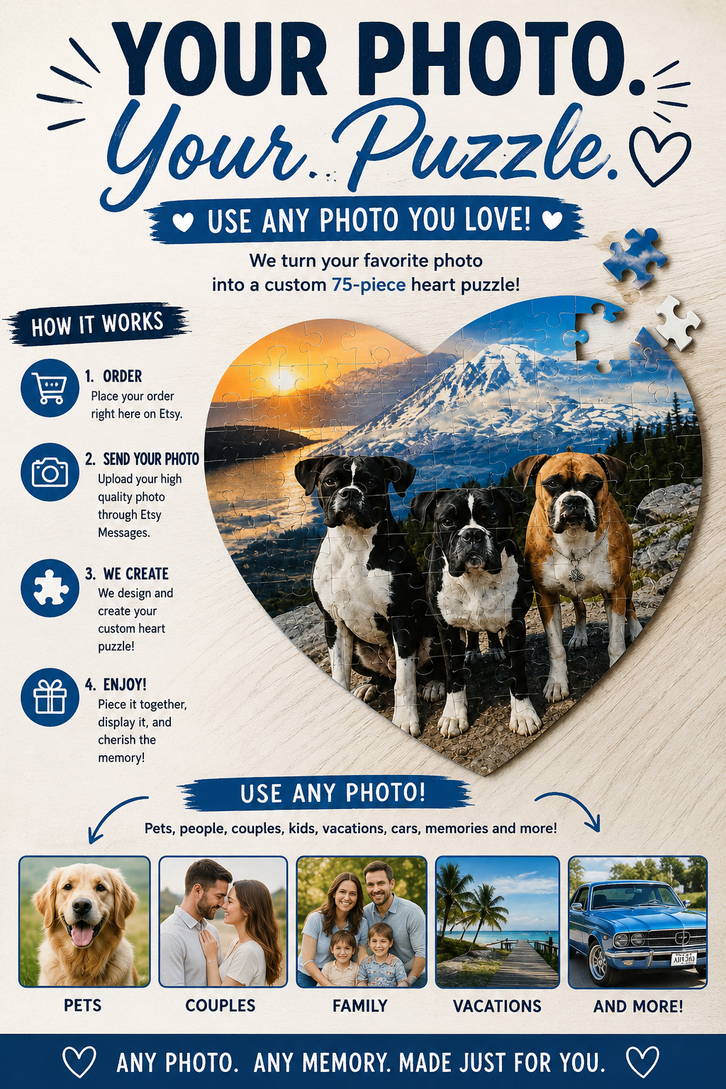 Custom 75-piece heart-shaped photo puzzle personalized with your favorite picture