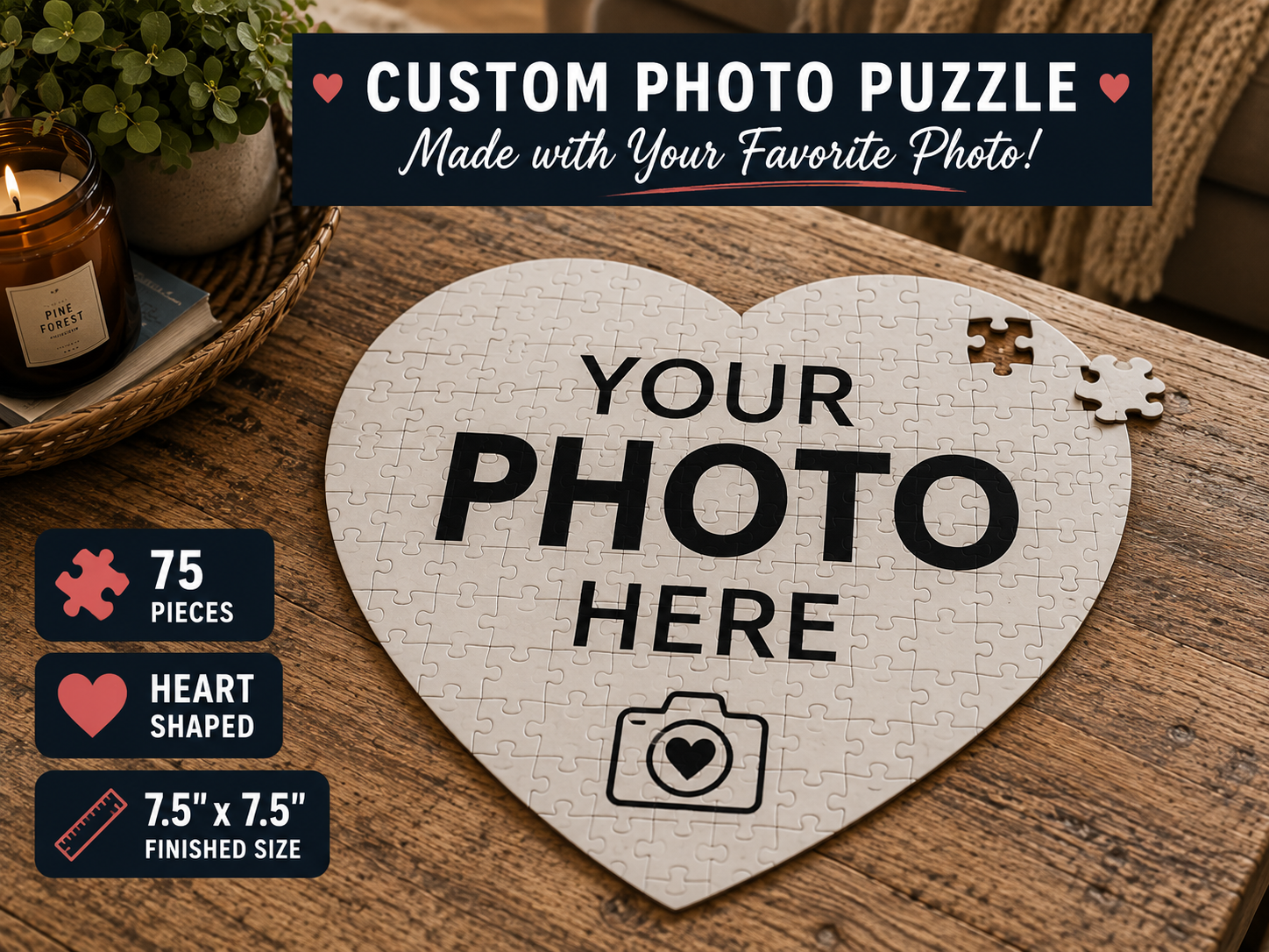 Custom heart-shaped photo puzzle mockup with Your Photo Here personalization