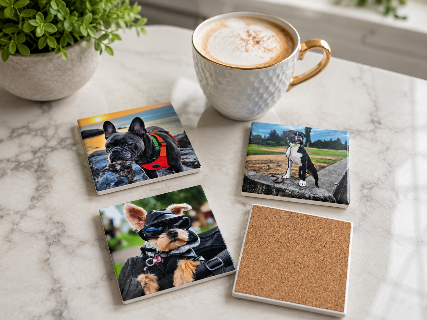 Set of custom ceramic photo coasters showing cork backing