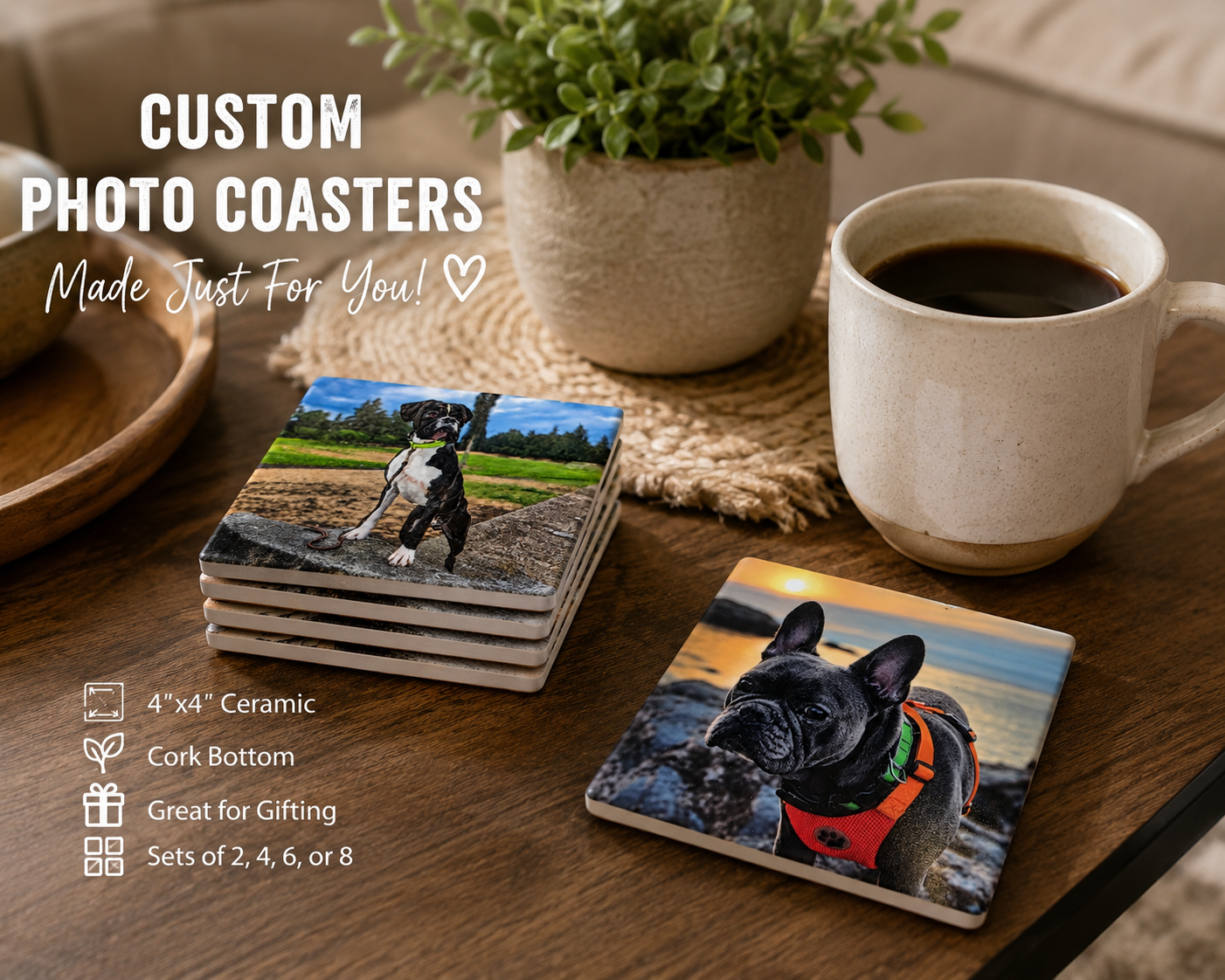 Custom personalized 4x4 ceramic photo coasters with cork backing