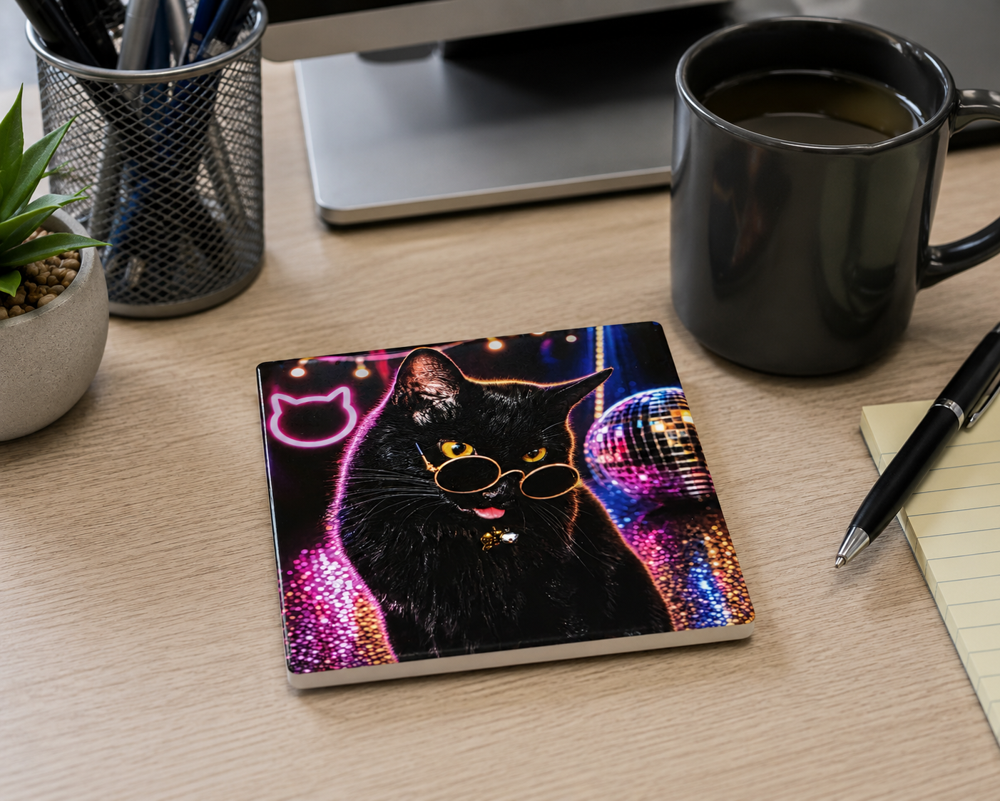 Personalized photo ceramic coaster displayed on an office desk