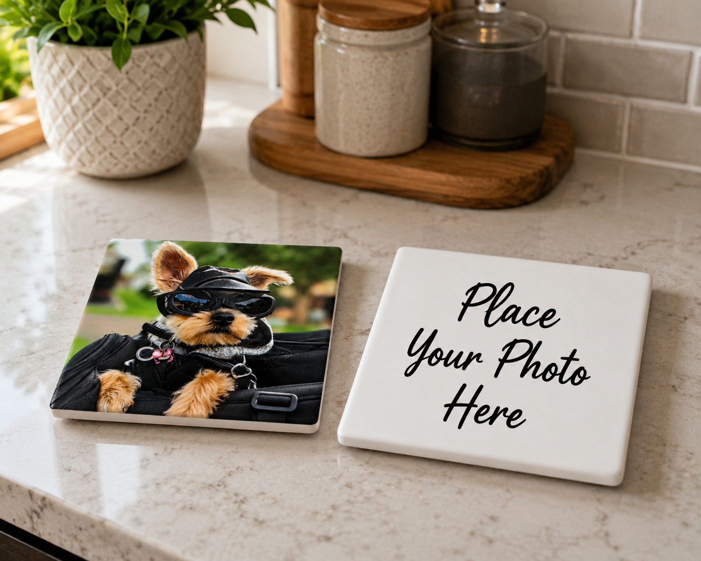 Personalized ceramic coaster example with Place Your Photo Here