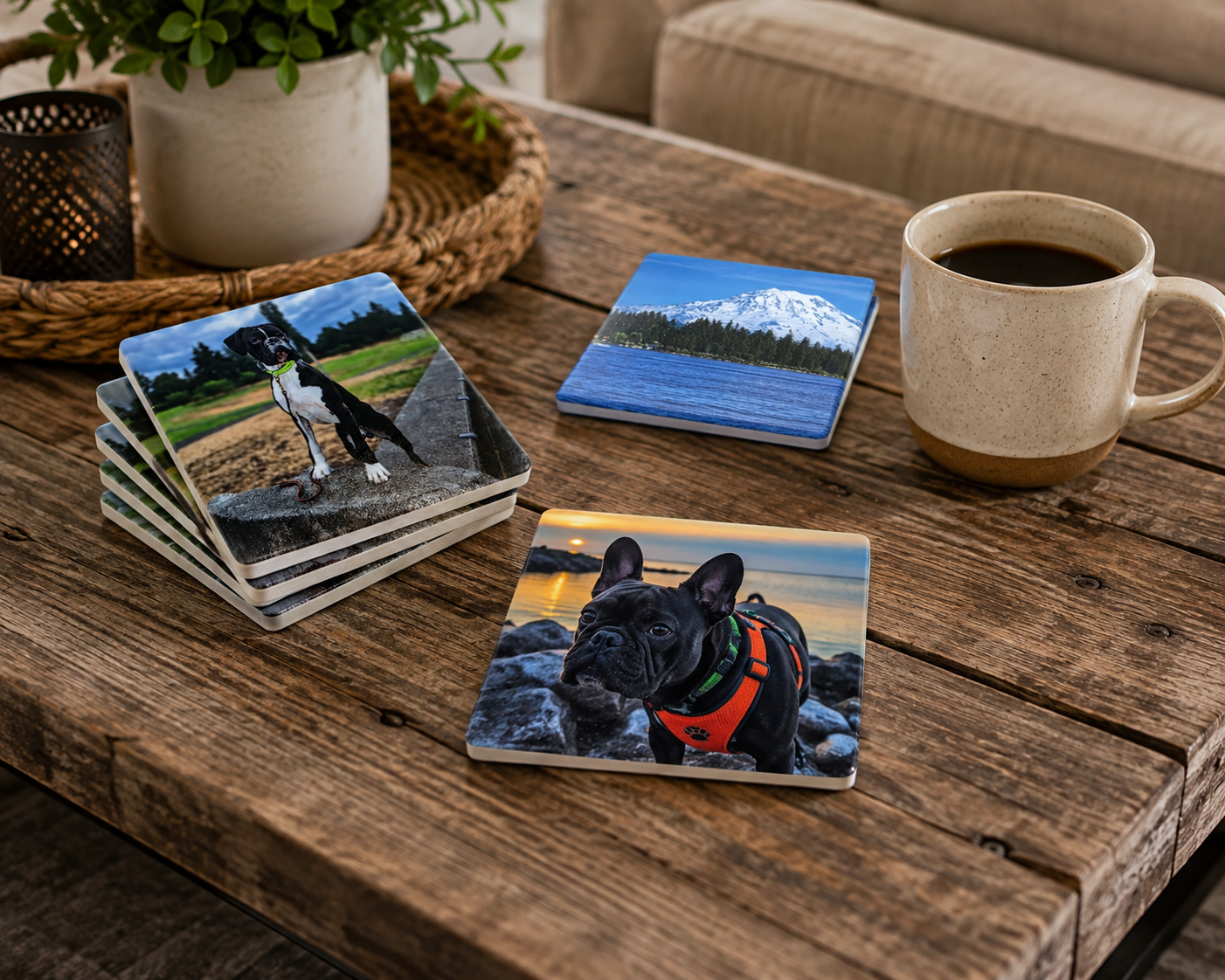 Custom photo ceramic coasters displayed on a rustic coffee table