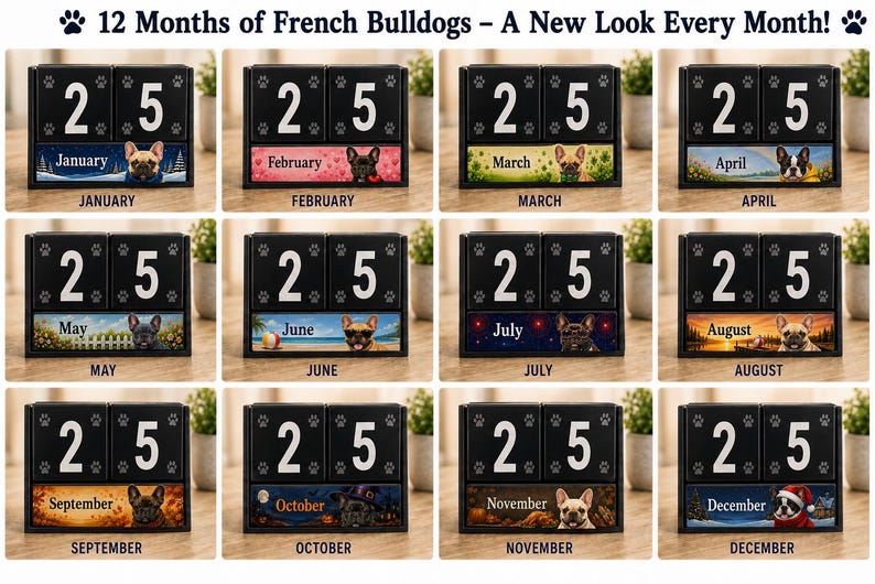 Twelve monthly French Bulldog calendar designs