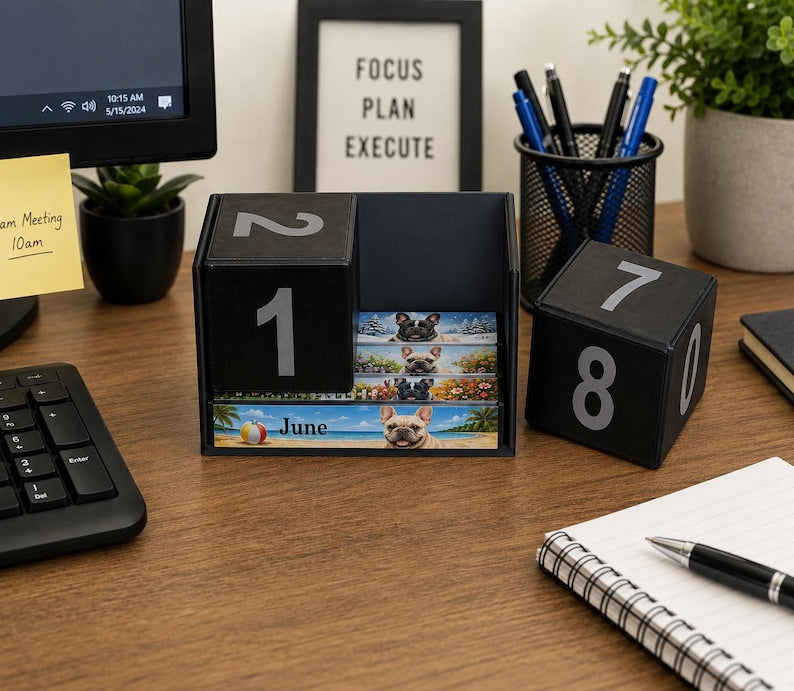 French Bulldog perpetual calendar on an office desk
