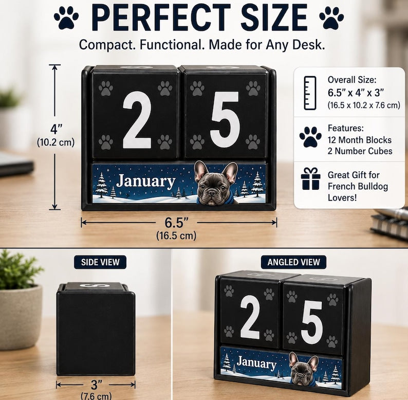French Bulldog perpetual calendar dimensions 6.5 by 4 by 3 inches