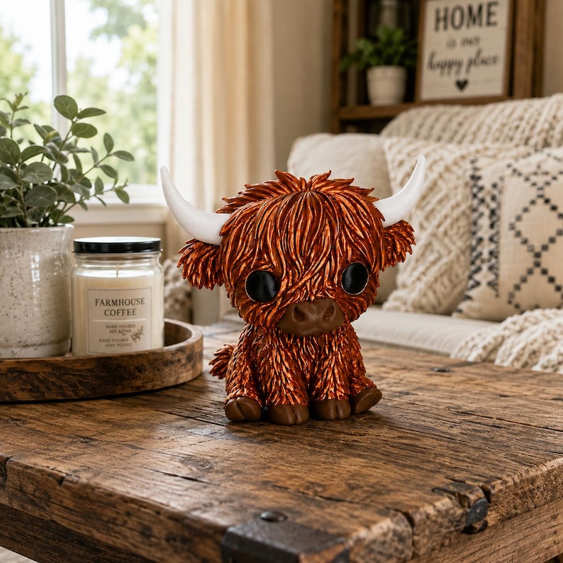 3D printed Highland cow figurine displayed on a rustic coffee table