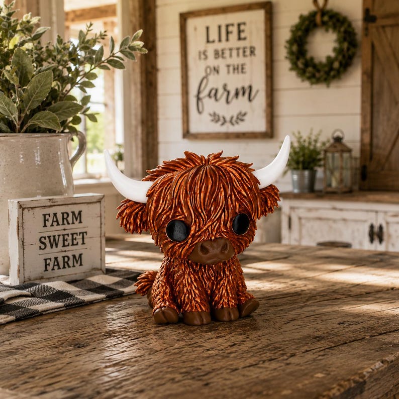 Highland cow figurine displayed with rustic farmhouse decor