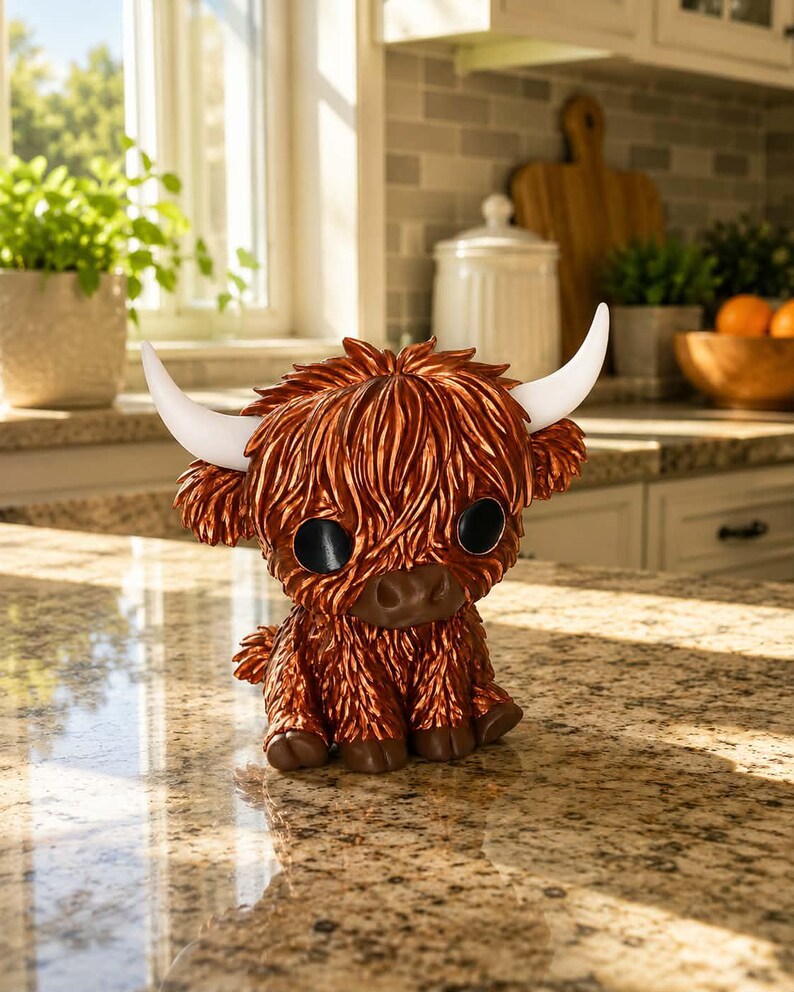3D printed Highland cow figurine displayed on a kitchen counter
