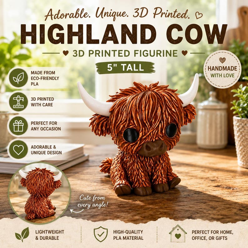3D printed Highland cow figurine, 5 inches tall