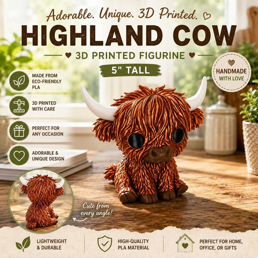 3D printed Highland cow figurine, 5 inches tall