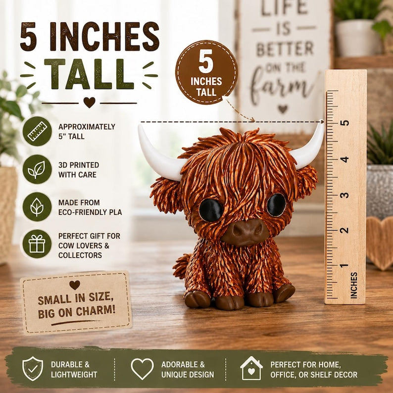 Highland cow figurine size guide showing approximately 5 inches tall