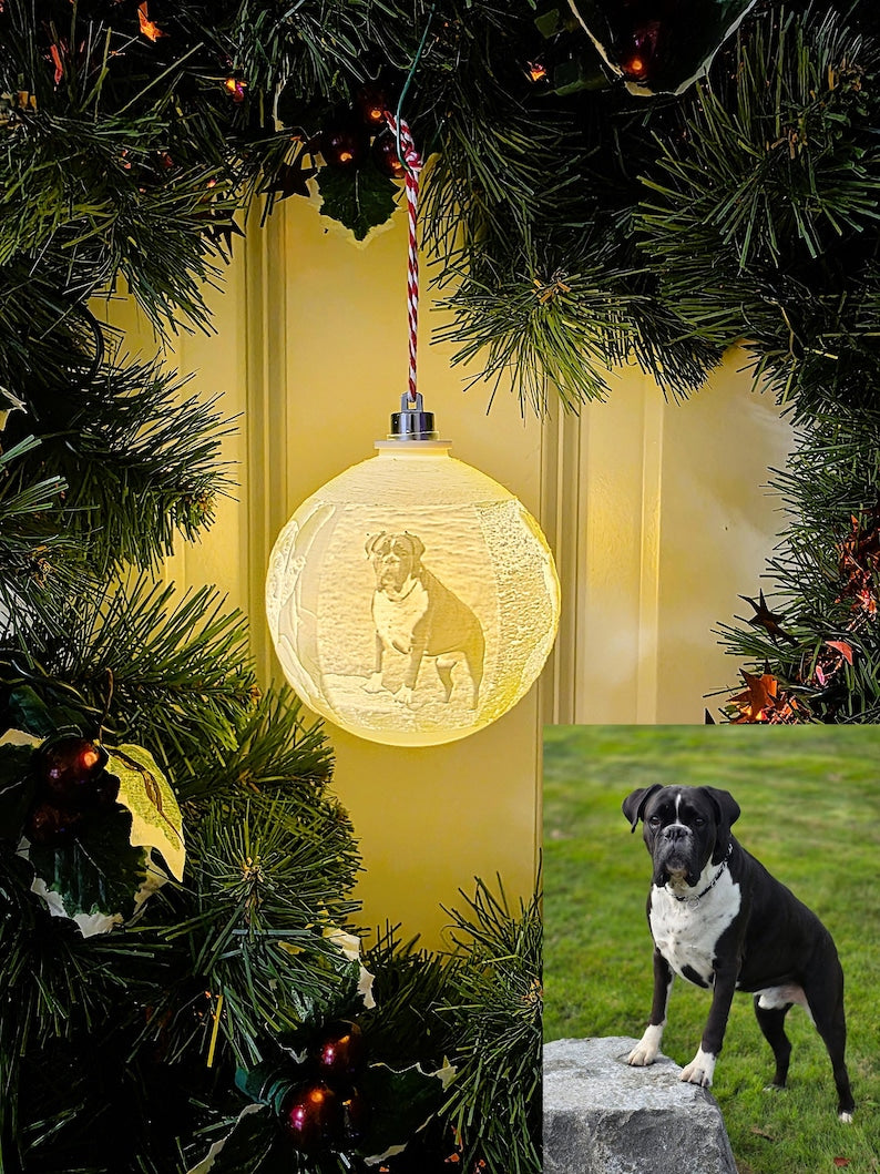 Custom glowing Boxer dog lithophane Christmas ornament
