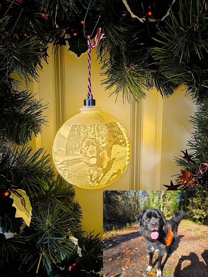 Custom glowing dog photo lithophane Christmas ornament